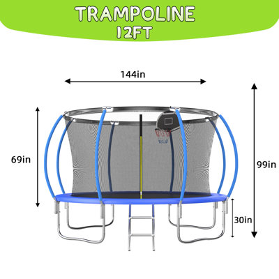 12FT Round Backyard Tranpoline with Safety Enclosure Net and T-Hook for Kids and Adults