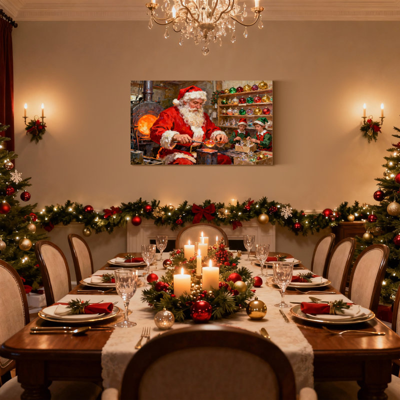 Ensemble de 3 impressions sur toile de Noël, père Noël fabriquant des ornements avec des elfes, H 12 po x l 18 po