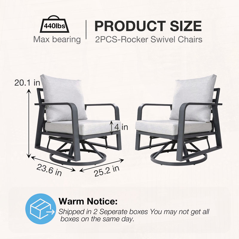 Ensemble de 2 chaises berçantes pivotantes à 360 ° - Structure entièrement en aluminium, coussins en mousse à mémoire de forme