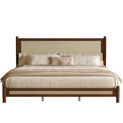 Cadre de lit en rotin avec tête et pied de lit, cadre de lit en bois de bohème avec pieds tournés, lit plateforme en canne tissée, aucun sommier requis, assemblage facile
