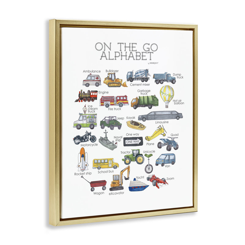 On The Go Transportation Alphabet Gold Framed Floater Canvas Wall Art by Dishique, Metallic Gold Floater Frame, 31" H x 25" W