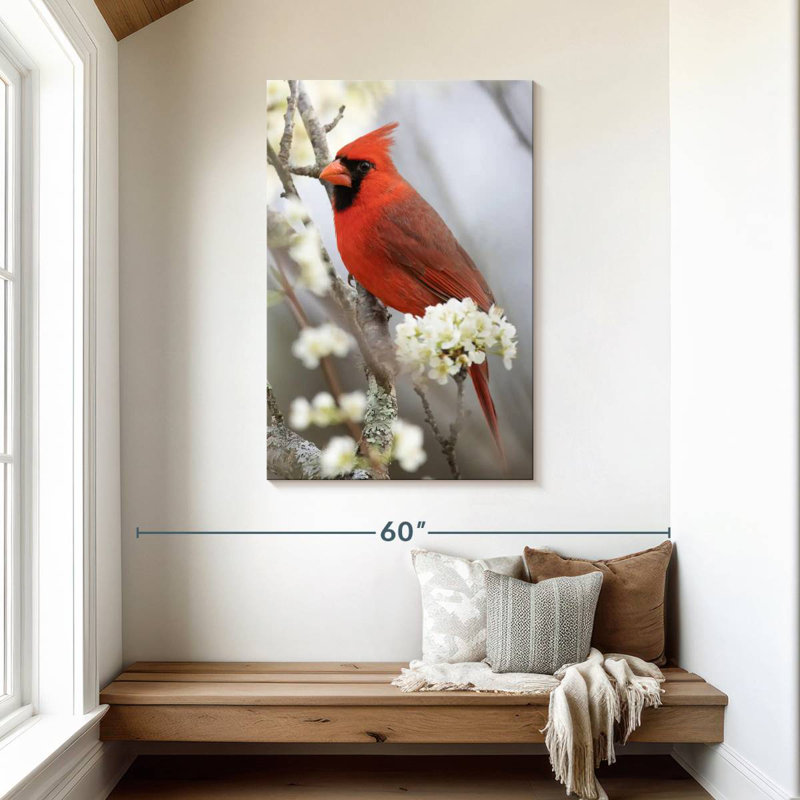 Cardinal Brampt Northern sur une branche fleurie, H 45 po x l 30 po