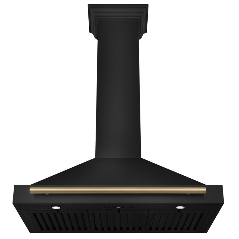 36'' Black Stainless Steel Wall Mount Range Hood with Champagne Bronze Handle