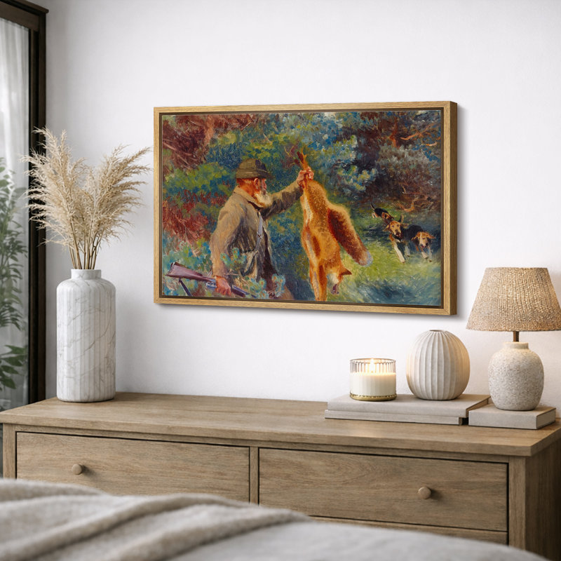 Chasseur avec renard et chiens de chasse dans la forêt, art de chambre à coucher, impression sur toile encadrée