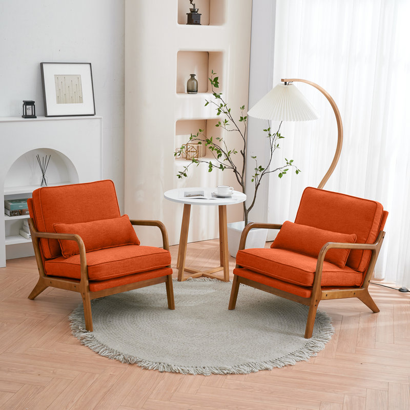 Fauteuil d'appoint rembourré en bois massif Lemley Mid Century, Mélange de lin orange