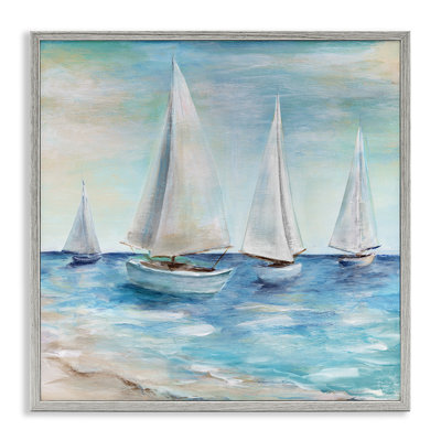 Voiliers flottant paisiblement Daytime Beach Shoreline par Marilyn Dunlap - peinture encadrée sur bois