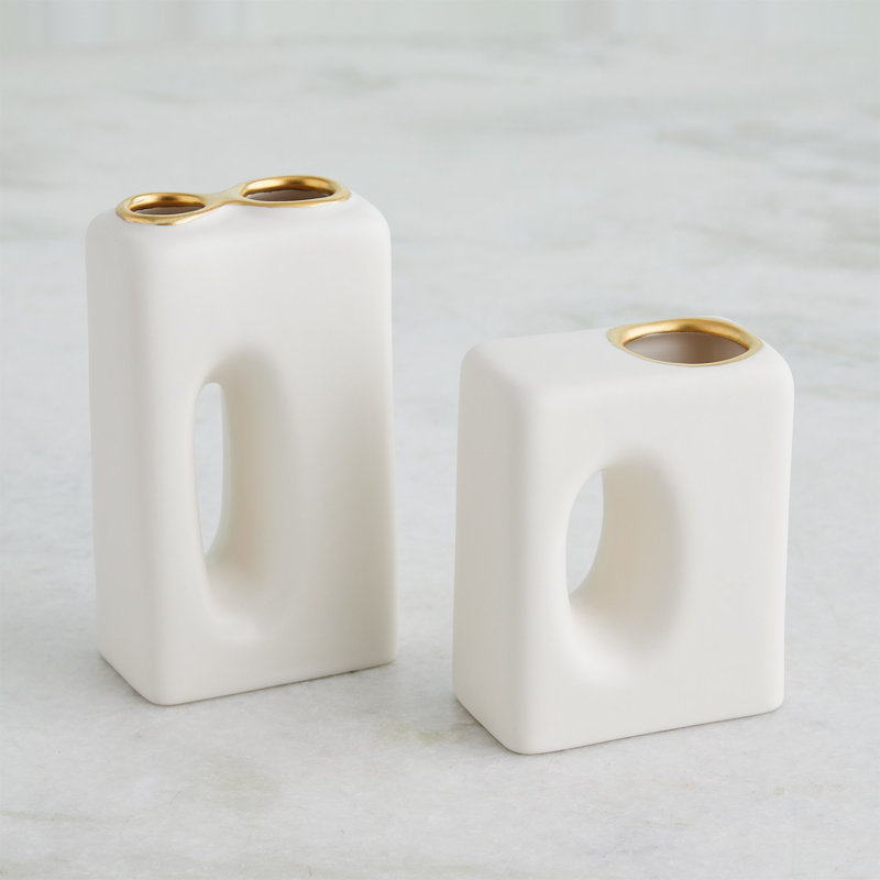 Oh Yes Handmade Earthenware Table Vase, Matte White/Gold