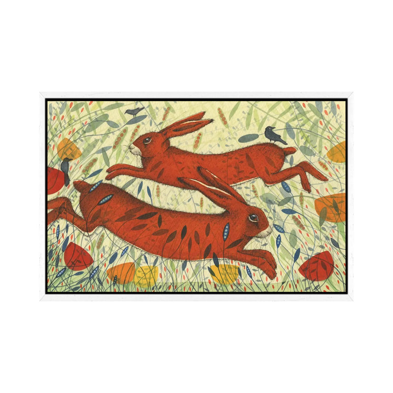 Hares & Crow by Michelle Campbell - Floater Frame Print on Canvas, 66.04 cm H x 45.72 cm W, White Framed Canvas