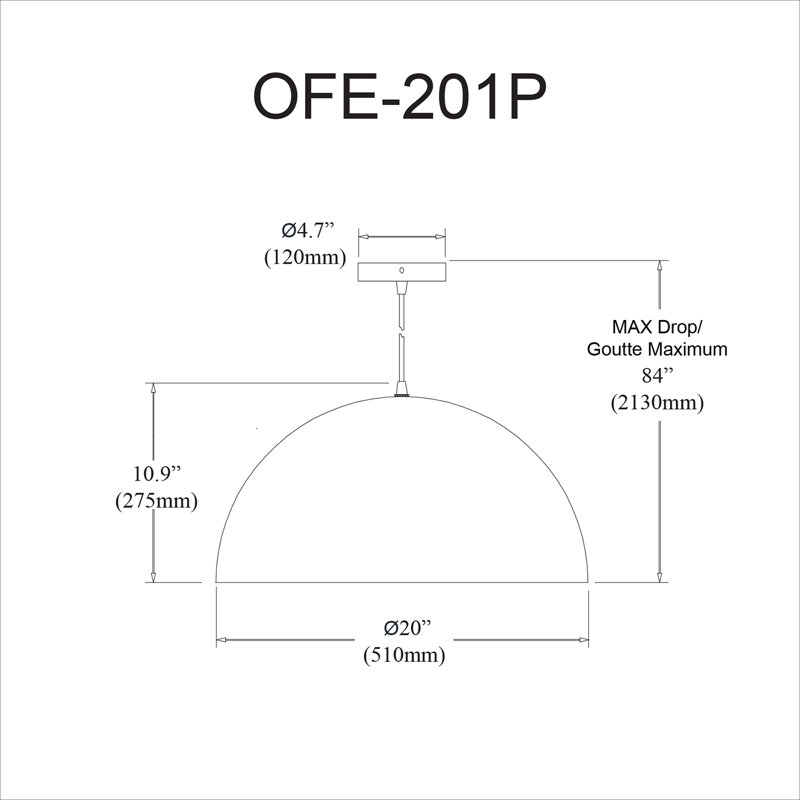 Ofelia 1 Light Single Dome Pendant, White, 10" H x 20" W x 20" D
