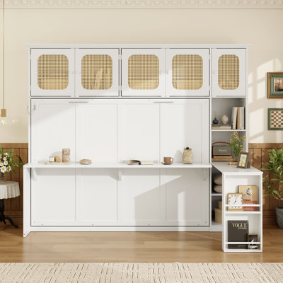 Warm White Full Murphy Wall Bed with Desk and Rattan Cabinets, Space-Saving Home Office Furniture