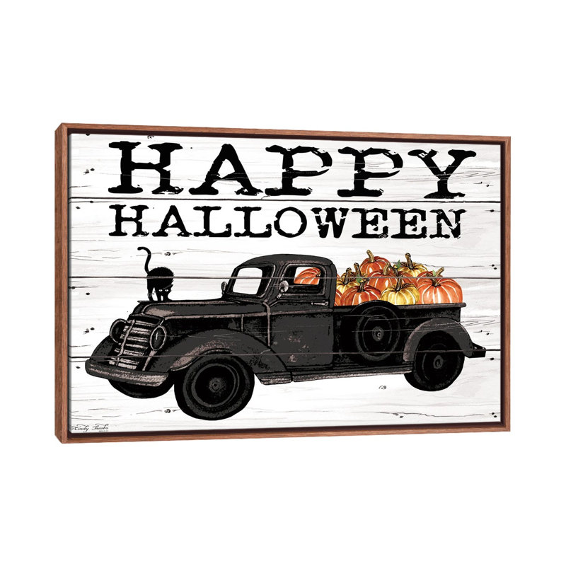 «Happy Halloween Black Truck», reproduction d'art sur toile encadrée, Brun