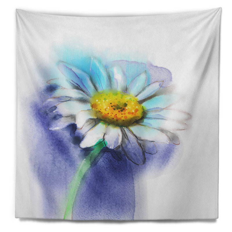 Fleur blanche avec marguerite gerbera et tapisserie bleue, H 32 po x l 39 po