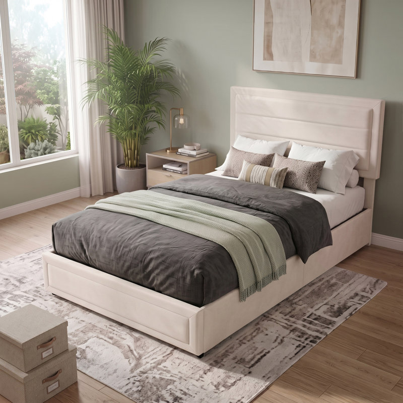 Lit plateforme tapissier avec rangement, Double, Velours ivoire
