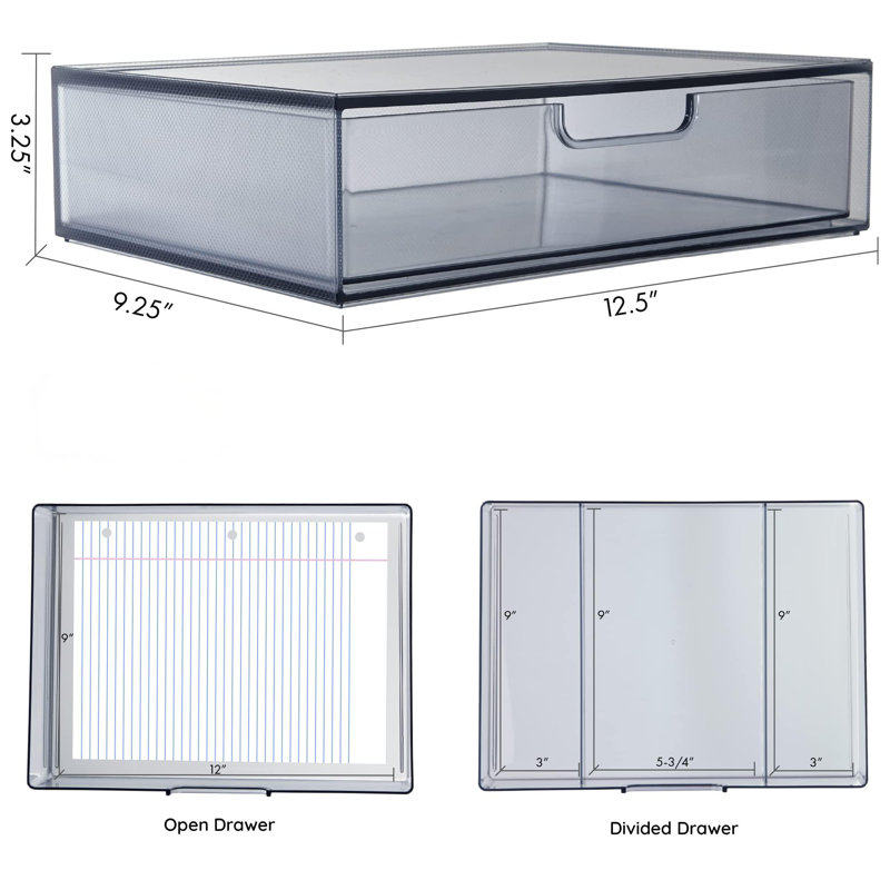 Plastic Stackable Organizing Drawers,12.5 Inches Wide. The Set Includes An Open Drawer And A Split Drawer, Organizing Desk Accessories And Sorting Paper. (Classic Grey / 2 Pieces)