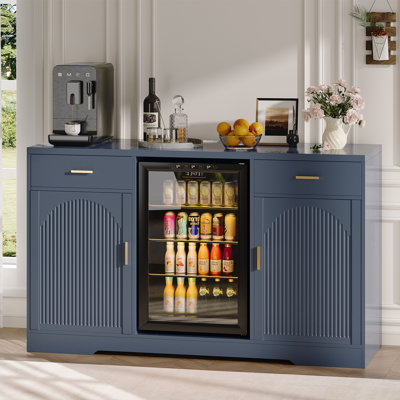 Home Bar Cabinet with Fridge Space, Built-in Charging Station, with 2 Drawers, Wine Rack, Glass Holder