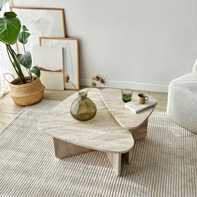 Modern Coffee Table Set (2 Pieces), Travertine Colour, 35.4 x 23.6 x 23.6 inches & 15.7 x 15.7 x 15.7 inches | 100% Melamine Coated Particle Board, PVC Edgebanding | Stylish & Functional for Living Room Decor