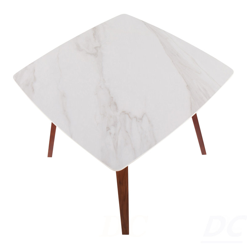 Table de salle à manger en bois de noyer et marbre texturé blanc, table