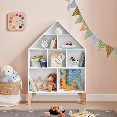 Abinabi Dollhouse 8-Compartment Kids Book Toy Display Freestanding Bookshelf with Beech Legs