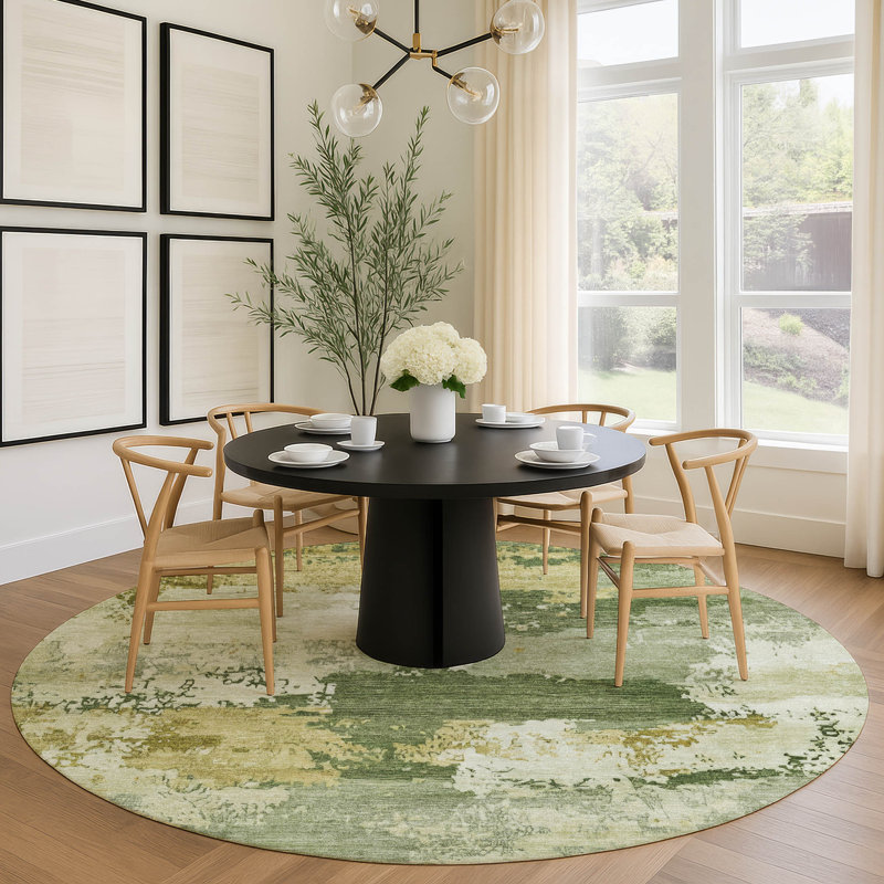 Tapis abstrait lavable à la machine de qualité supérieure Mayfield AMF2372, Olive, Rond 8 pi