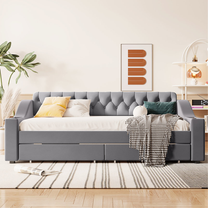 Lit de jour simple gris rembourré avec ports et rangement - Élégante pièce à coucher moderne incontournable, Gris