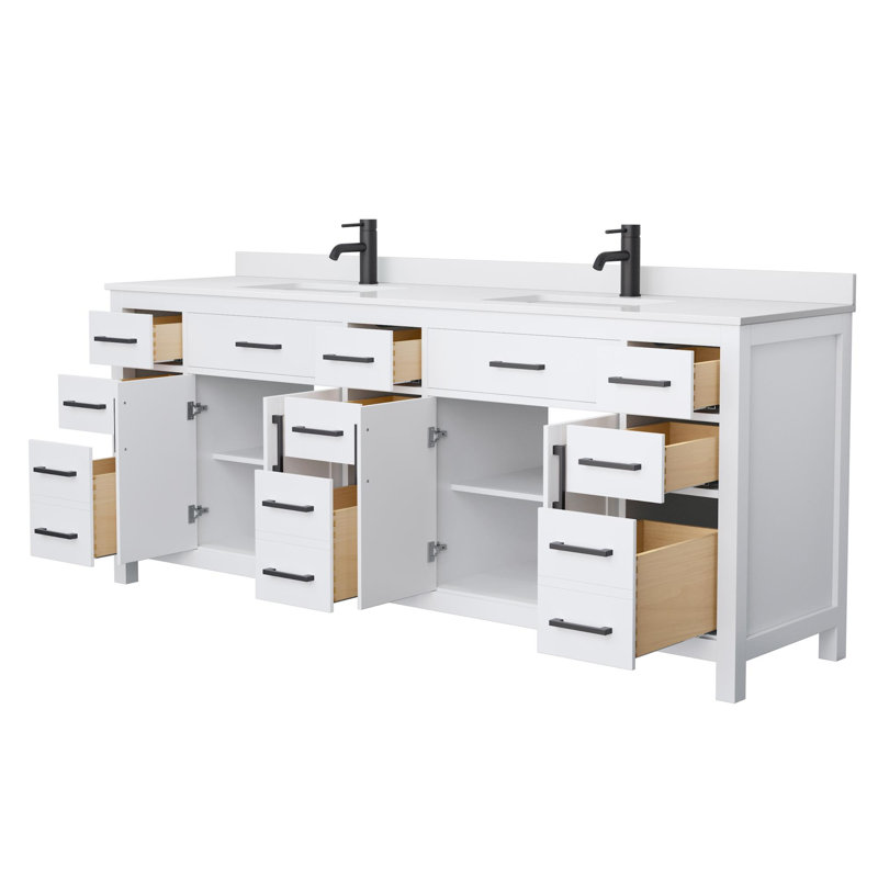 Meuble-lavabo double autoportant 84 po avec plateau en marbre Beckett, Blanc, Noir mat, Marbre de culture blanc
