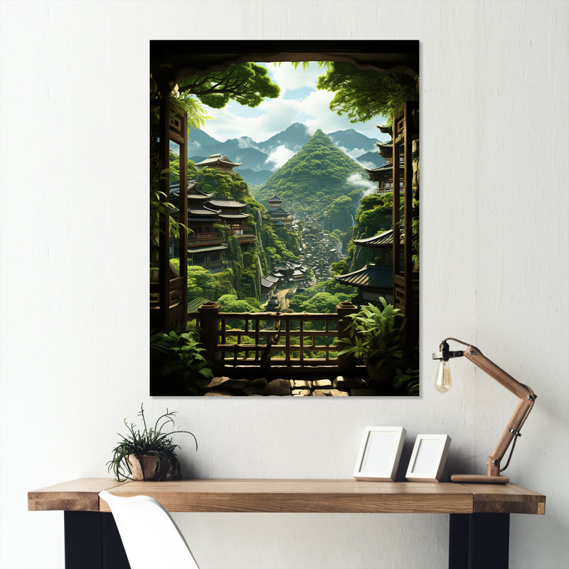Vue de fenêtre du jardin japonais II - Japon, art mural en métal, H 40 po x l 30 po x P 1,5 po