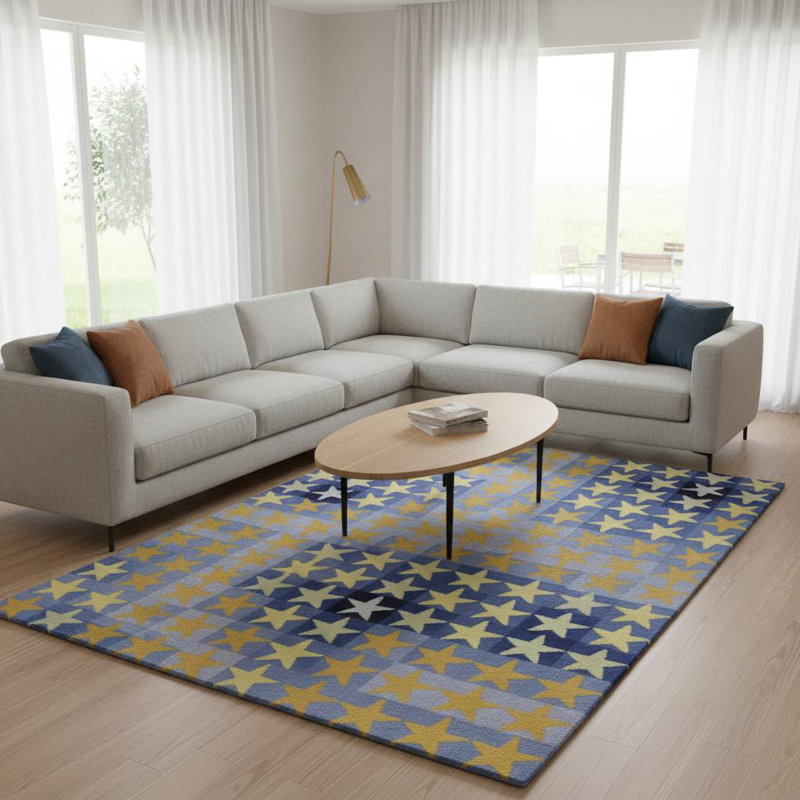 Ailey Authentic Hand-Tufted Handmade Yellow & Blue Modern Starburst Wool Area Rug