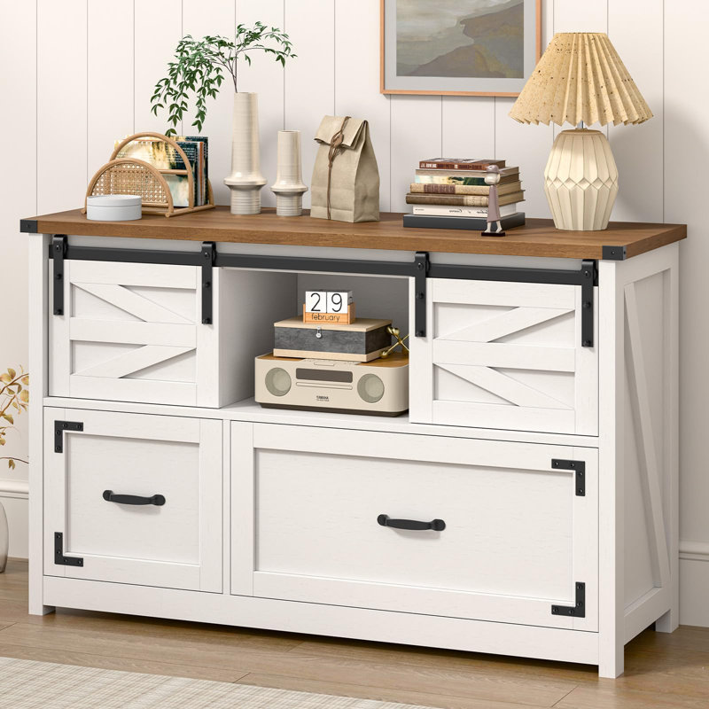 Lateral File Cabinets 2 Drawer With Sliding Barn Doors, White/Brown