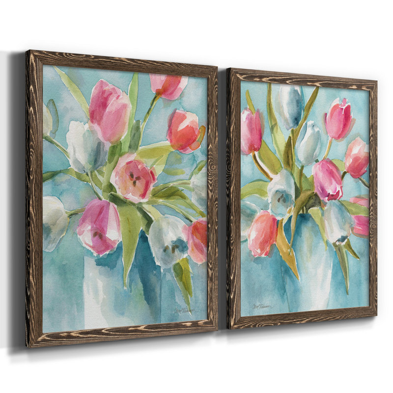 Today's Tulips I - ensemble de 2 reproductions d'art sur papier, H 37,5 po x l 55 po x P 1,5 po, Cadre en papier gris, Blanc