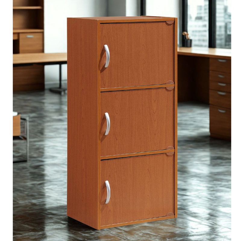 3-Doors, 3-Shelf Bookcase 35.6 in. Tall Enclosed Storage 3-Tier Bookshelf for Home or Office, Cherry