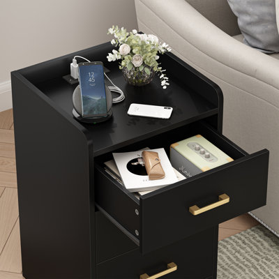 3-Piece Bedroom Set, Storage Bed with LED Light, 2 Nightstands with Charge Station