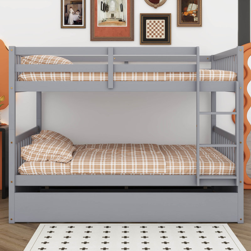 Full Over Full Rubber Wood Bunk Bed With Trundle, Ladder And Guardrails, Gray