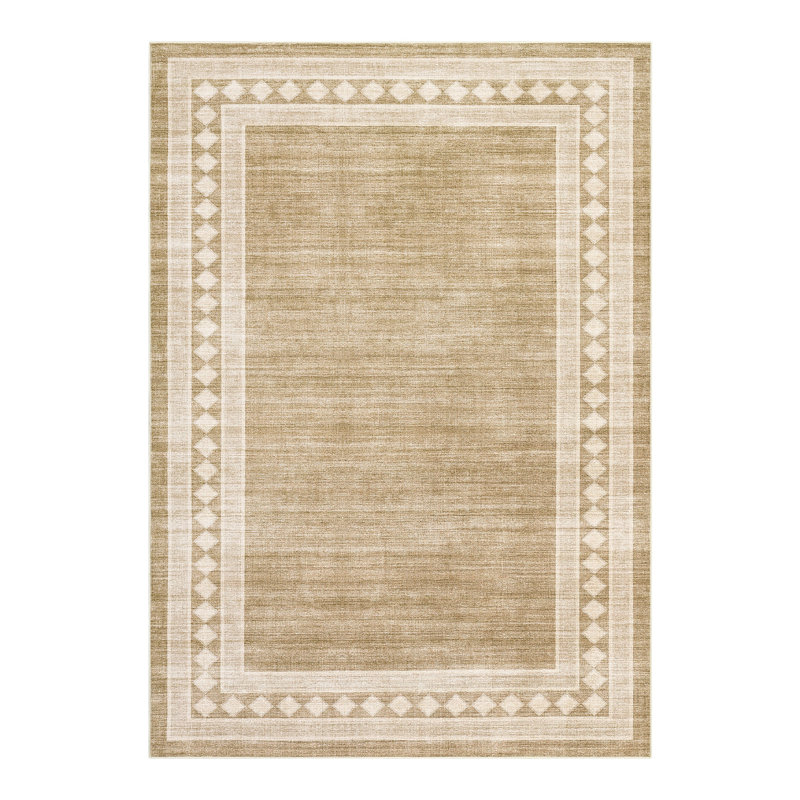 Modern Geometric Area Rug 6x9 Non Slip Washable Rugs for Living Room, Diamond Border Pattern Foldable Soft Carpet, Low Pile Stain Resistant Floor Mats for Dining Room Bedroom, Camel