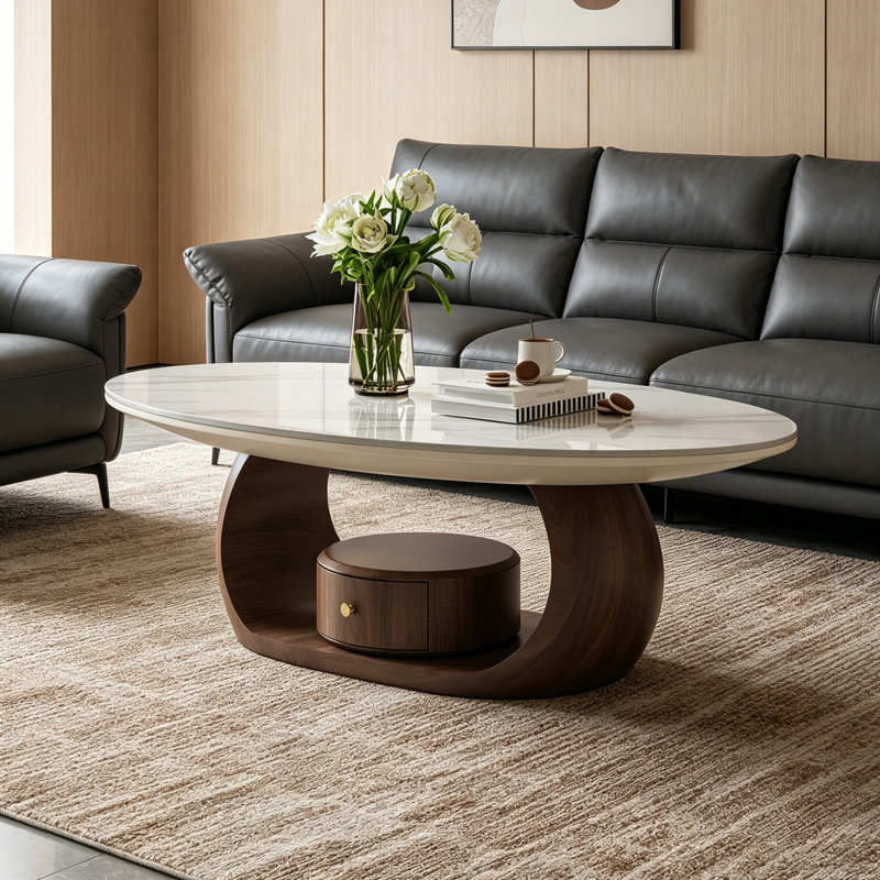 Table basse ovale avec rangement Modern Home, 15.74" H x 39.37" W x 23.62" D, Blanc / brun noisette