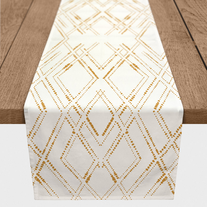 Araya Cotton Blend Table Runner, 72" L x 16" W, White/Gold