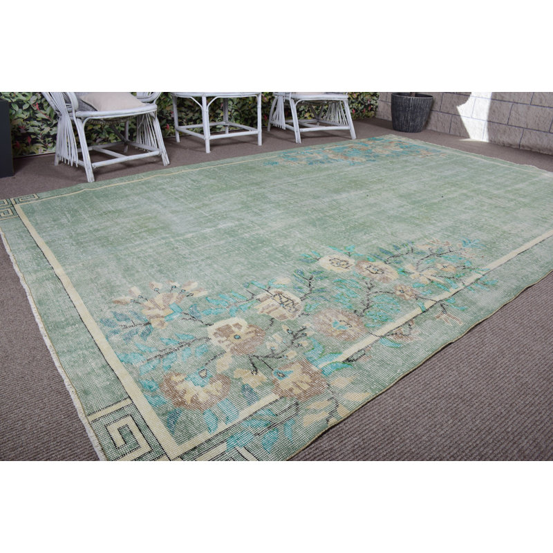 Surdimensionné tapis turc Oushak rétro vert vif avec motif floral idéal pour les espaces de vie