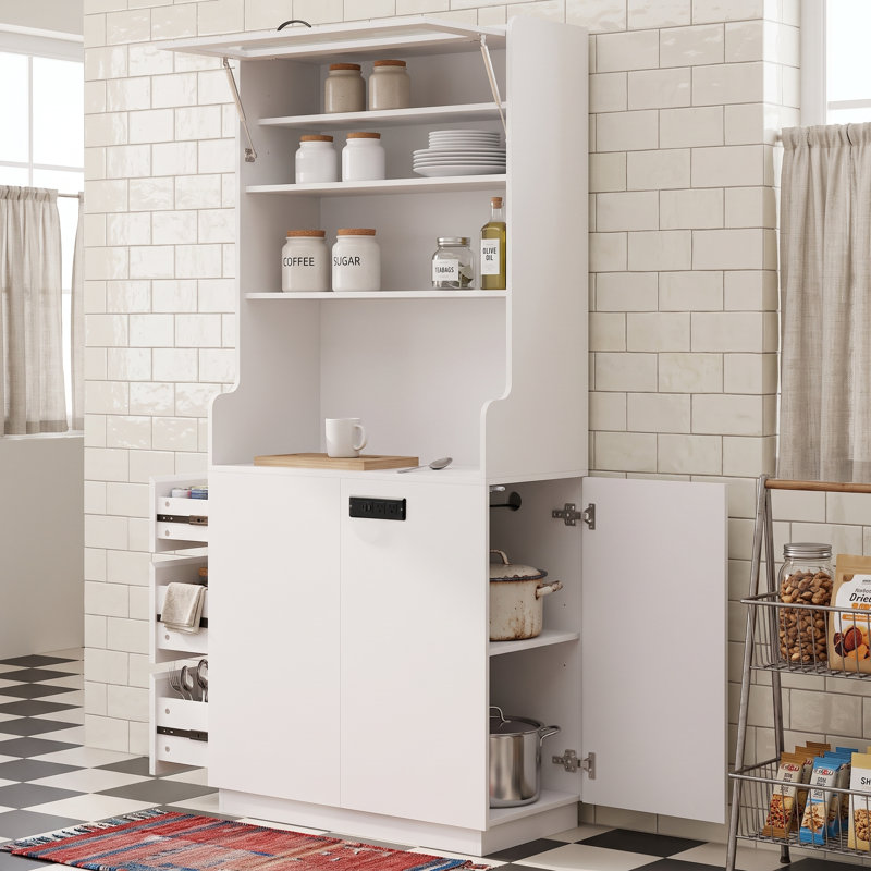 Armoire de rangement avec porte vitrée à charnières, port de chargement, deux prises électriques, tablettes et tiroirs réglables