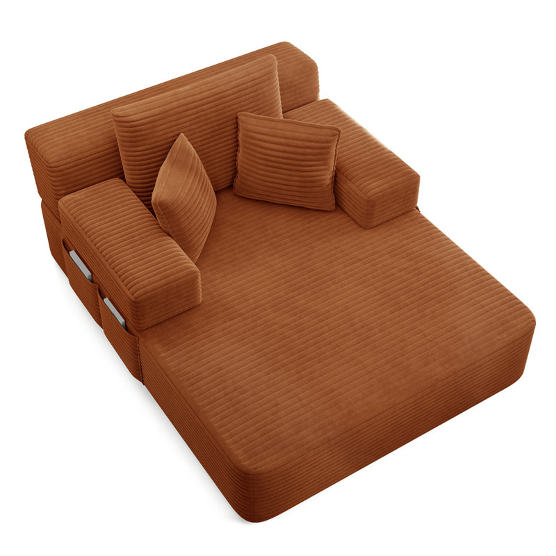 Luxueuse chaise longue en velours côtelé moelleux avec 3 coussins, canapé-lit convertible avec poche de rangement, conception sans cadre et mousse de compression pour les petits espaces, salon, appartement