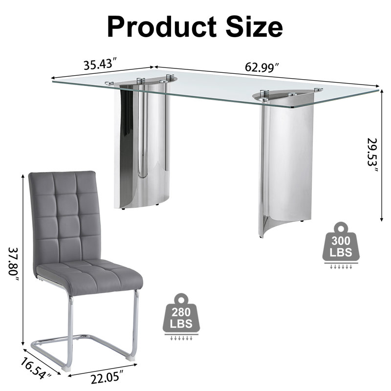 Modern Glass Dining Table Set, 63" Tempered Glass Top With PU Leather Upholstered Cantilever Chairs And Backrest Pull Ring