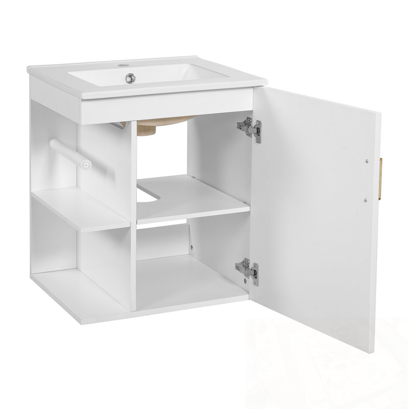 Armoire de salle de bain avec lavabo, 1 porte et tablette latérale, Blanc