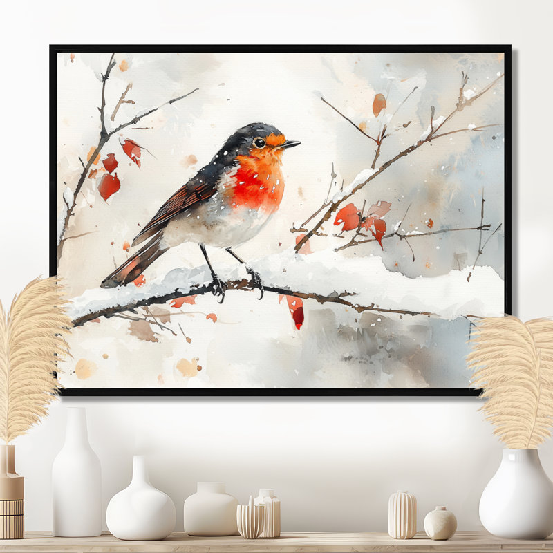 Oiseau Robin sur une branche enneigée I - oiseau, art mural, H 12 po x l 20 po, Cadre flottant, Noir