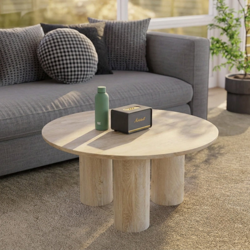 Table basse ronde moderne en bois massif de 36 pouces - finition naturelle, table basse en bois pour le salon, assemblage facile