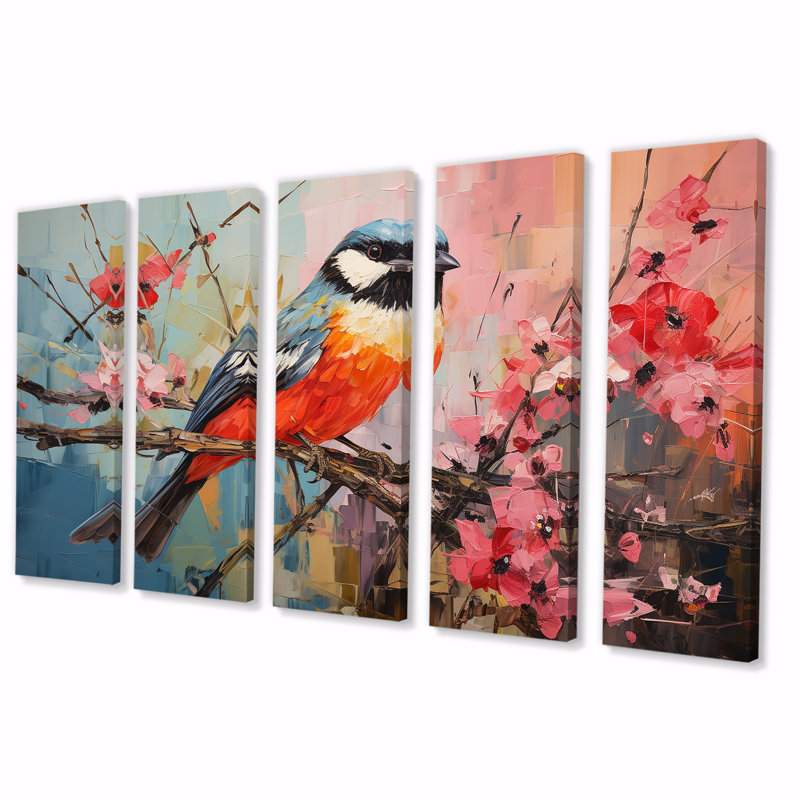 «Blue Bird Floral Tree Harmony - Bird», art mural 5 pièces, H 28 po x l 60 po