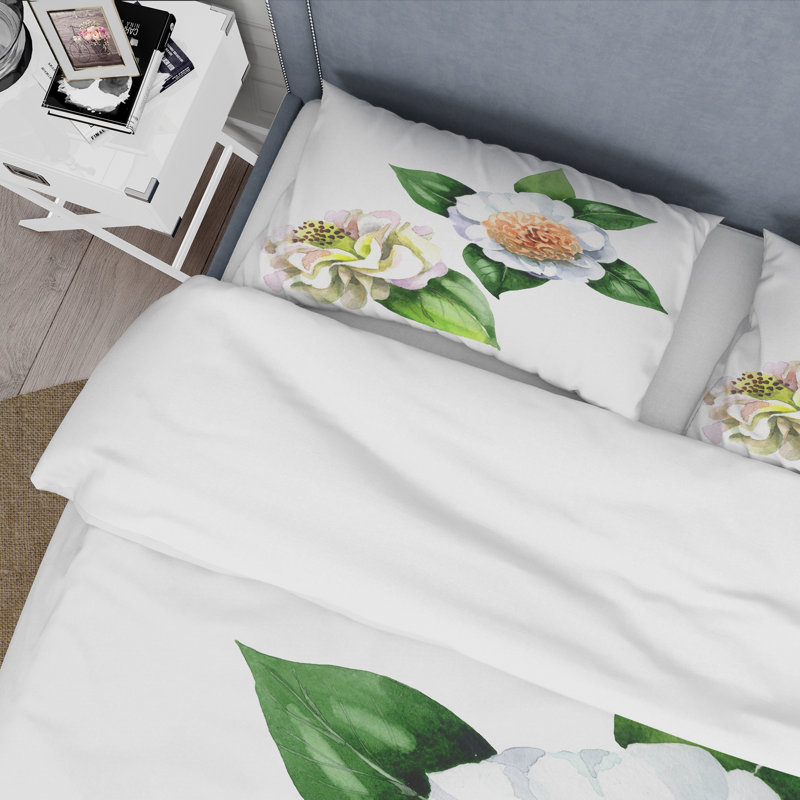 Ensemble de housse de couette rétro en polyester avec fleurs vertes, Housse de couette pour grand lit + 2 taies décora