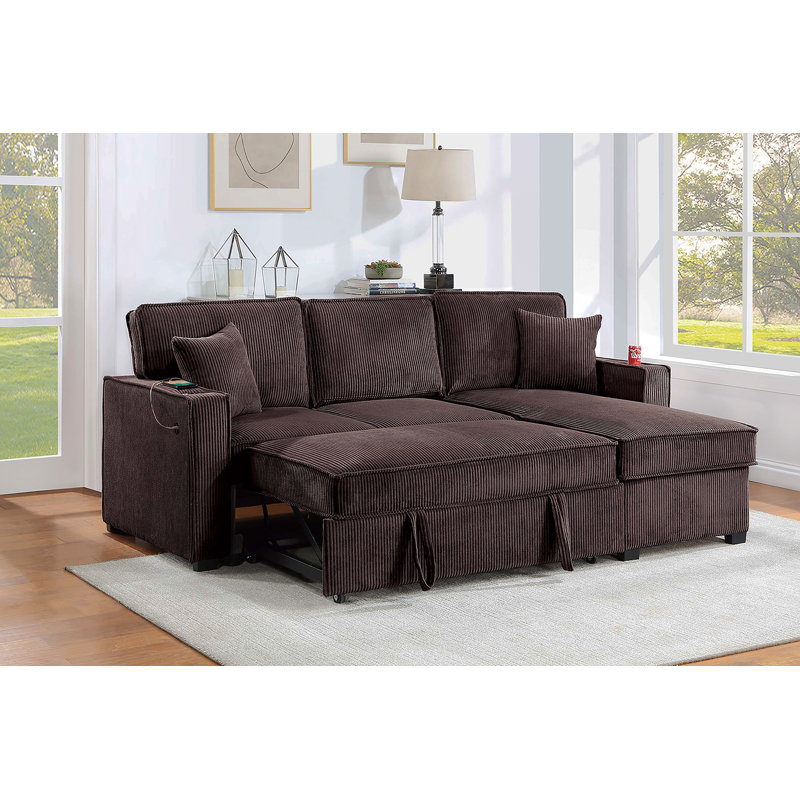 Contemporary Style Convertible Sectional Cup Holder USB And USB-C Port Storage Chaise Matching Pillows Pull Out Extension Chocolate Finish Primary Living Room