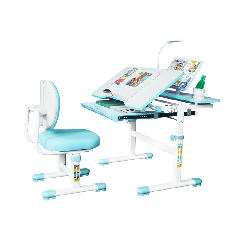 Aleasha Kids table and Chair Set, Height-Adjustable, with Led Lamps and 60° Tilting Tabletop and Storage Drawer, Blue