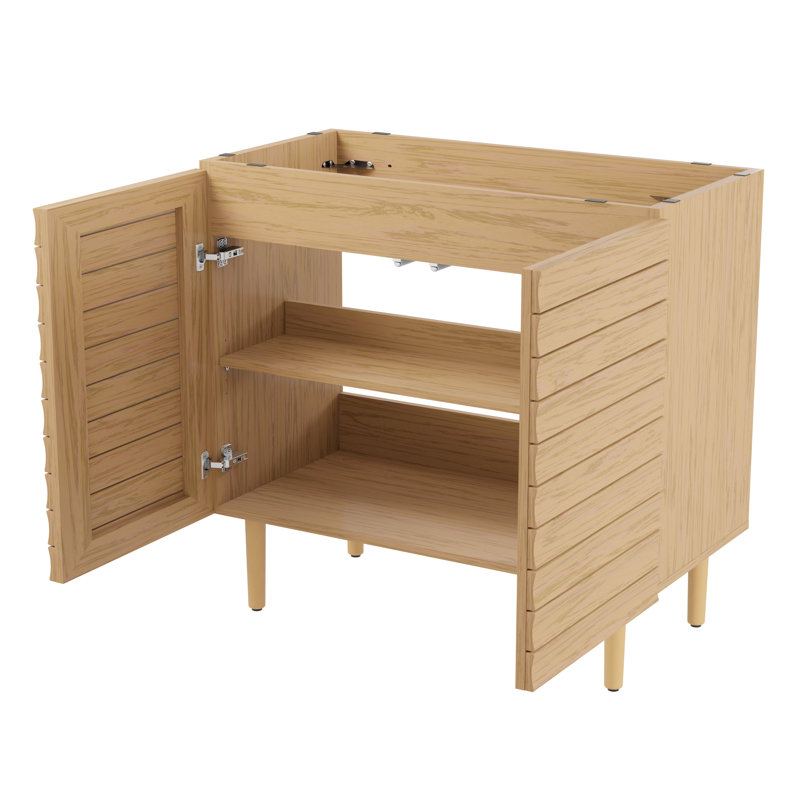 Aubier l 36 po x P 18 po x H 33 po. Meuble-lavabo de salle de bain à lattes linéaires à 2 tablettes d'épaisseur seulement (lavabo non inclus), chêne