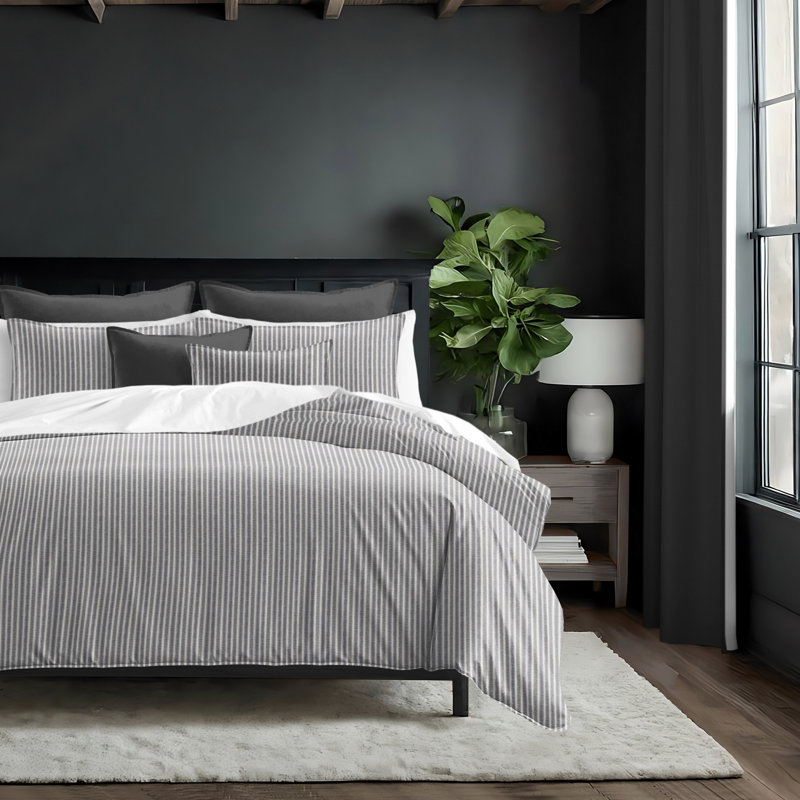 Walker Ticking Stripe Indigo/White Cotton Coverlet Set, Super Queen Coverlet / Bedspread + 2 Queen Shams, Iron/Ivory