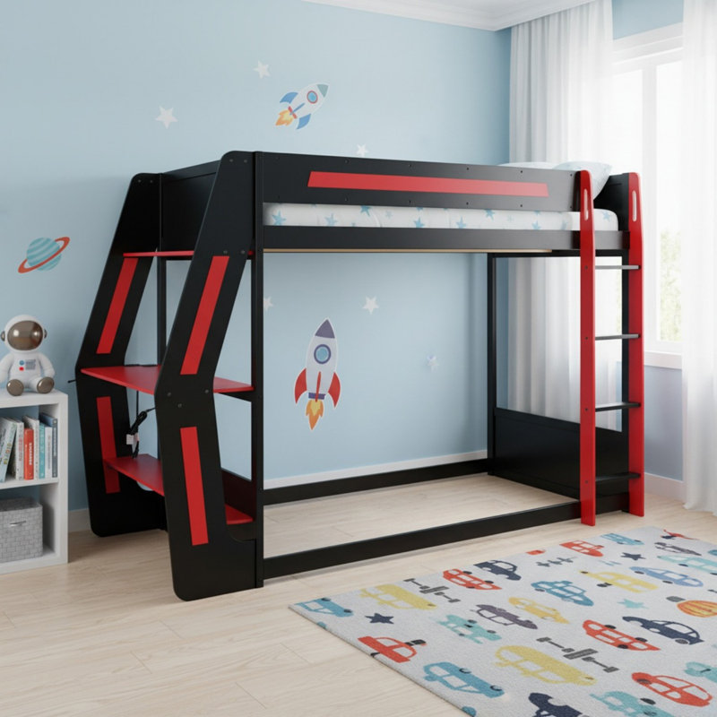 Lit superposé double en bois massif avec bureau RVB surdimensionné, lit superposé double au-dessus d'un lit double avec ports de charge USB et bande lumineuse à DEL pour la chambre à coucher