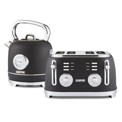 GEEPAS Retrovive 1.8L Electric Kettle & 4 Slice Bread Toaster Kitchen Combo Set | 3000W Vintage Cordless Stainless Steel Kettle Auto Shut-Off, Temperature Gauge | Defrost/Reheat/Cancel 1500W